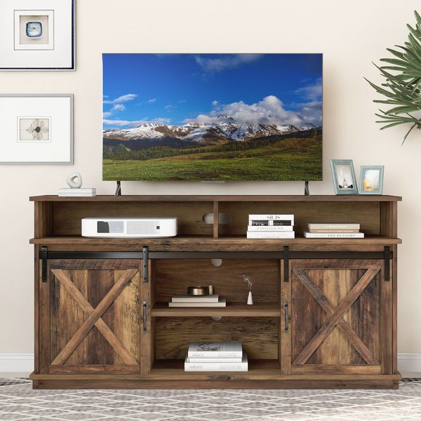 TV-Schrank 148 x 40 x 78 cm für Fernseher bis 65 Zoll, Rustikales Design mit Schiebetüren, 8 Ablagefächern, 2 höhenverstellbaren Regalen