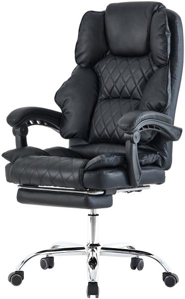 Bürostuhl mit Fußstütze und flexiblen 3-Punkt-Armlehnen - Schreibtischstuhl in Lederoptik mit Chrom-Base - ergonomischer Bürostuhl mit verstellbarer Rückenlehne Schwarz Bild 2