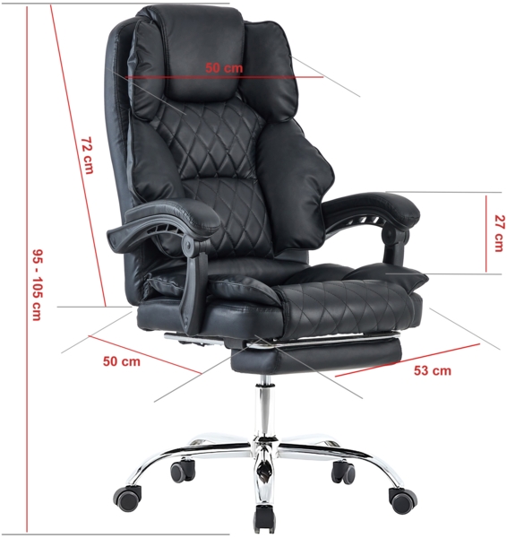 Bürostuhl mit Fußstütze und flexiblen 3-Punkt-Armlehnen - Schreibtischstuhl in Lederoptik mit Chrom-Base - ergonomischer Bürostuhl mit verstellbarer Rückenlehne Schwarz Bild 7