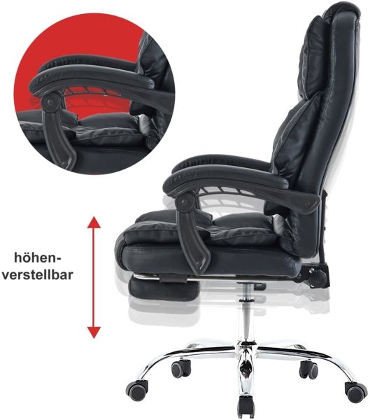 Bürostuhl mit Fußstütze und flexiblen 3-Punkt-Armlehnen - Schreibtischstuhl in Lederoptik mit Chrom-Base - ergonomischer Bürostuhl mit verstellbarer Rückenlehne Schwarz Bild 5