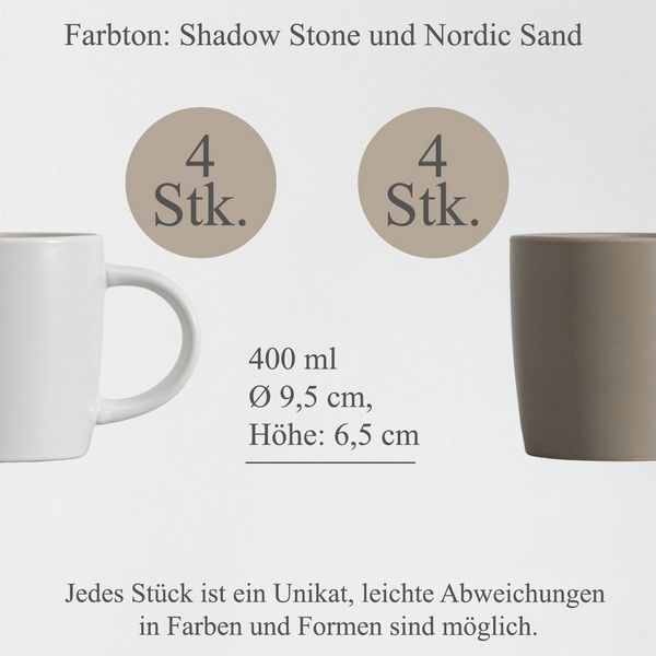 Hausfelder Geschirr-Set Steingut Tassen 8 Personen, 8teilig Mix, Shadow Stone/Nordic Sand (8-tlg), 8 Personen, Steinzeug, spülmaschinen- & mikrowellengeeignet, Reaktivglasur