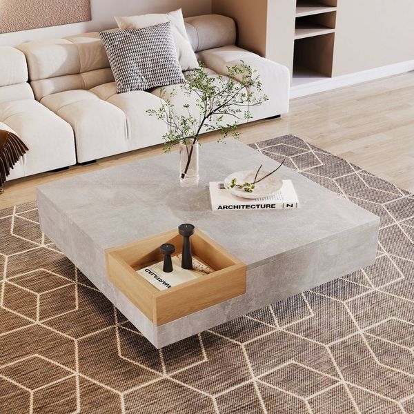Merax Couchtisch mit herausnehmbarer Aufbewahrungsbox, Wohnzimmertisch Betonoptik, Beistelltisch Holz, B/H/T: 72/30/72cm