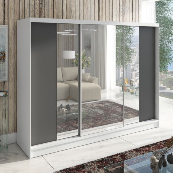 Schwebetürenschrank VENA 3-türig Schrank 200 cm (mit Spiegel) Farbe: Weiß , Graphit