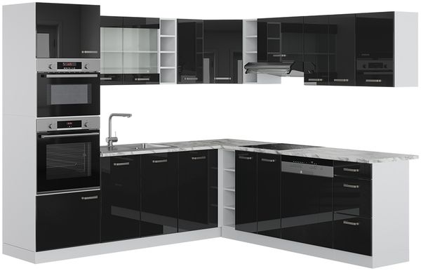 Eckküche R-Line Schwarz Hochglanz/Weiß 247 x 60 cm , AP Marmor Vicco