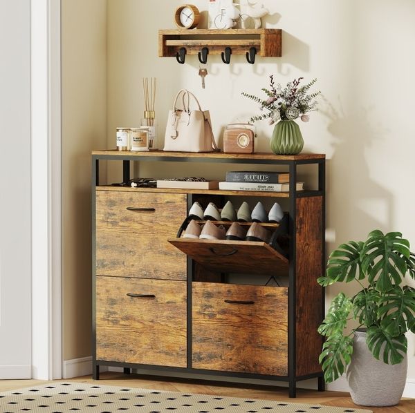 Schuhschrank 98 x 24 x 95 cm mit 4 Klappschubladen, offenem Oberregal und Stahlrahmen