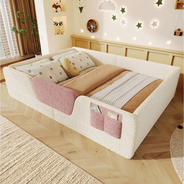 BlingBin Polsterbett Kinderbett mit abnehmbaren Seitengittern & Staufläche (Jugendbett, 1-tlg, 140x190 cm), integrierte Stofftasche zur Aufbewahrung, Samt, ohne Matratze