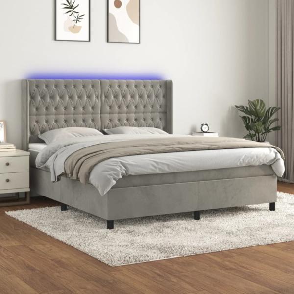 vidaXL Boxspringbett mit Matratze & LED Hellgrau 160x200 cm Samt 3139751