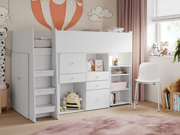 Hochbett CASTELLO PRIMA für ein Mädchen, Kinderbett mit Schrank und Matratze 90x200 - Weiß und Rosa