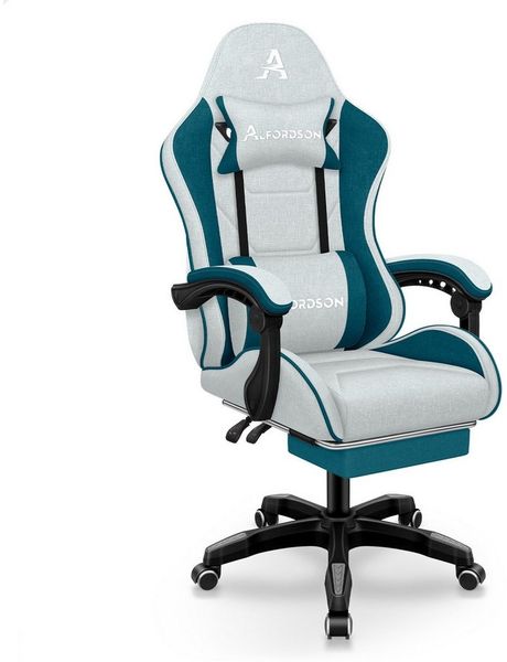 ALFORDSON Bürostuhl Gaming-Stuhl, Massage-Gaming-Stuhl, Ergonomischer Gamer-Stuhl, mit Fußstütze, Kopfstütze, Massage-Lendenkissen, Dunkelblaugrün