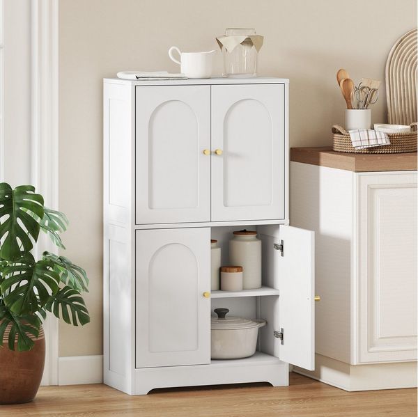HOMCOM Mehrzweckschrank Buffetschrank mit 2 verstellbaren Regalböden 4 gewölbten Türen (Hochschrank, 1-St, Küchenschrank) für Wohnzimmer, Weiß, 60 x 30 x 110 cm