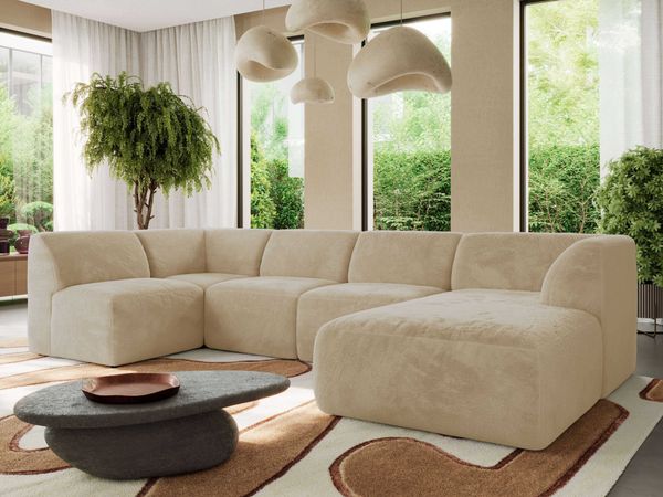 Modulares XXL-Ecksofa MODARO 5M, U-Form, Wohnlandschaft, 5-teilig, freistehend, Wohnzimmer Couch, HR-Schaumstoff - Creme Plüsch - Rechts