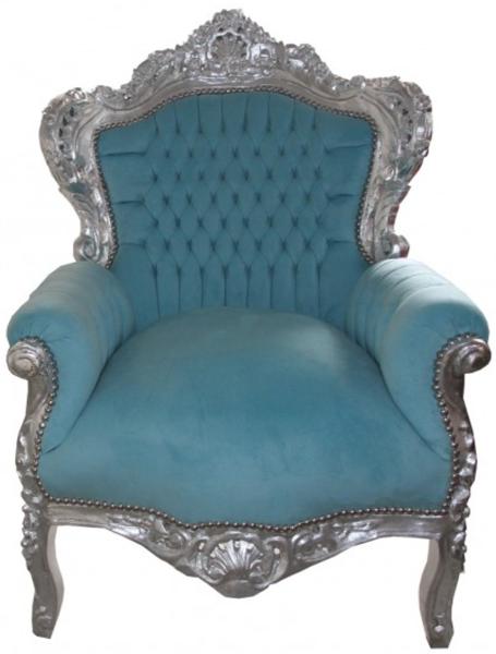 Barock Sessel "King" Blau / Silber Möbel Antik Stil