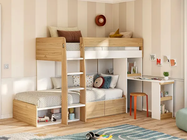 Vente-unique - LOMIDEN Bett Holz, Platte BeigeWeiß - B 117,5 cm184,3 cm x H 150 cm x L 196,3 cm
