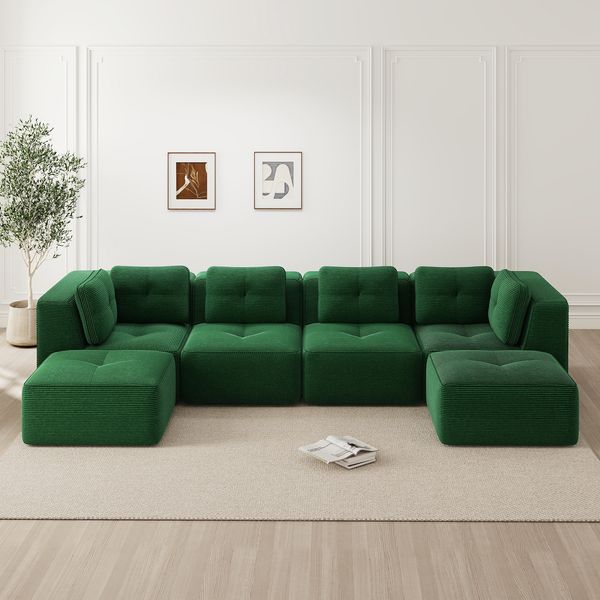 Modulares Ecksofa H 69 x T 386 x B 177 cm aus Cord in Grün, U-Form möglich, ohne Aufbau