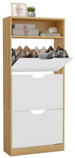 VASAGLE Schuhregal 3 Klappen, mit verstellbarer Trennwand, Schuhaufbewahrung, offenes Fach, 24 x 60 x 139 cm, eichenfarben-weiß