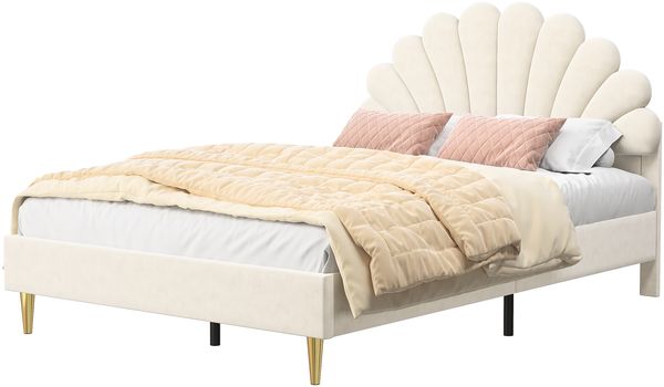 Greenstone Polsterbett mit Blumenförmigem Kopfteil, mit Lattenrost, Samt beige, 140x200 cm