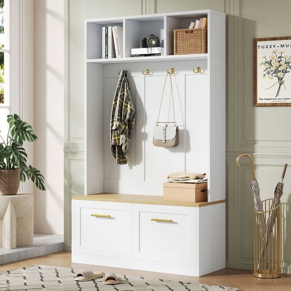 Flieks Garderoben-Set mit Shuhschrank, Sitzbank, offenen Fächern und Kleiderhaken, (1-St, B105xT40×H180 cm), Kompaktgarderobe Flurmöbel mit Schuhbank Ablagefächer Weiß&Natur