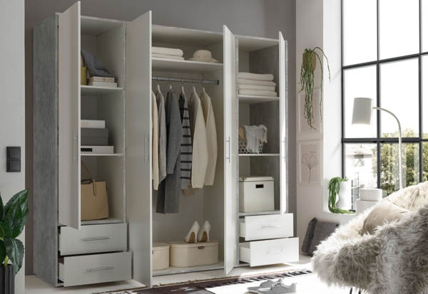 Drehtürenschrank Valderas / Valencia, Holzwerkstoff, Grau, Weiß, 206 x 195 x 60 cm Bild 6