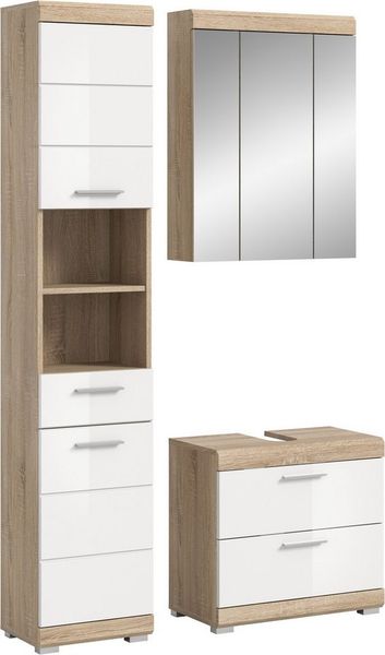 welltime Badmöbel-Set Siena, 3 teilig, bestehend aus:, (Set, 3-St, TOPSELLER), Hochschrank, Waschbeckenunterschrank, Spiegelschrank
