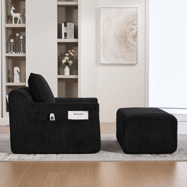 Relaxsessel 147x110x67 cm, Sitzfläche 59x48 cm, Kordstoff Schwarz, verstellbare Fußstütze, hoher Sitzkomfort, keine Montage