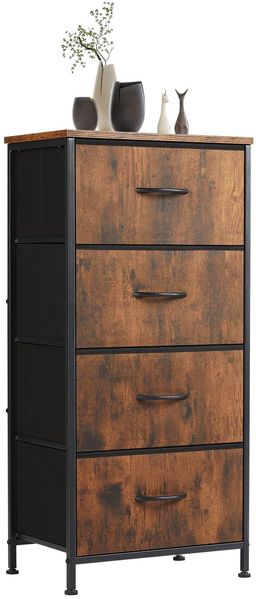 Sweetcrispy Kommode mit 4 Schubladen, Stoff Schubladenschrank, Schmal Schrank, Kommode Schlafzimmer, Industrial Stil für Wohnzimmer Kinderzimmer Flur, Aufbewahrungsschrank, Braun