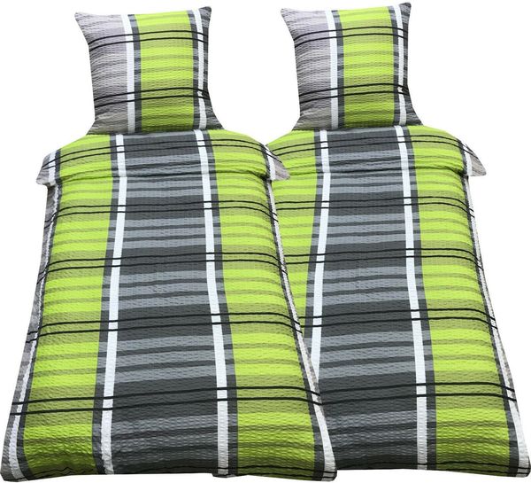 Visaggio Bettwäsche 135x200 cm oder 155x220 cm Allergiker geeignet, Seersucker, 4 teilig, Grün Grau gestreift modern