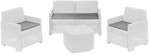Dmora Outdoor-Lounge-Set Amer, Gartenkomposition mit 2 Sesseln, 1 Sofa und 1 Aufbewahrungstisch, Rattan-Effekt mit Kissen, 100 % Made in Italy, Weiß