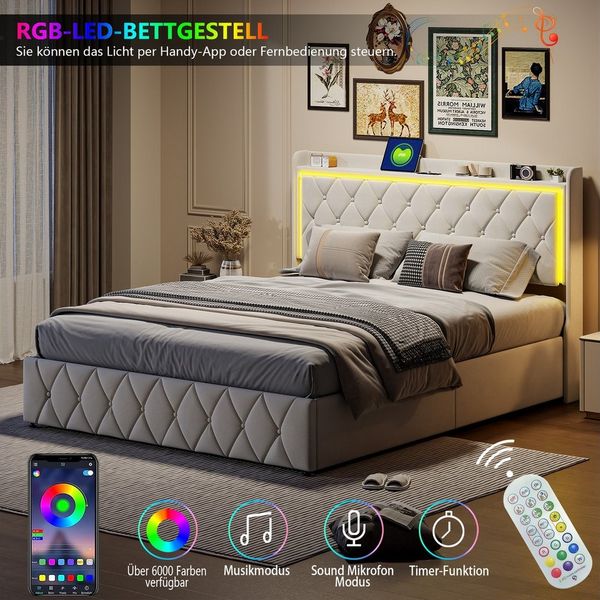 ADWOLT Polsterbett LED Hydraulisch Doppelbett Jugendbett (Set, 1-tlg, 160x200cm Stauraumbett), Mit LED-Beleuchtung und Ladefunktion,Samt,Beige
