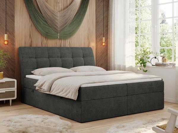 Boxspringbett Polsterbett mit Multipocket-Matratze und Topper - DIEGOS - 140x200cm - Dunkelgrau Stoff - H4