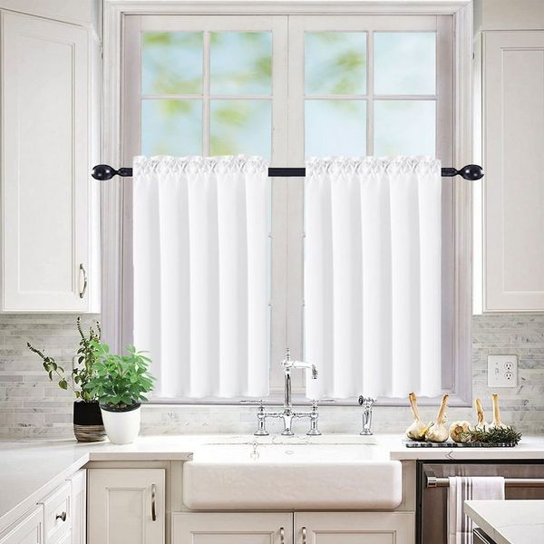 Lapalife Scheibengardine Kurze Wasserdicht Vorhänge, Weiß Blickdicht Vorhang, UV-Schutz (1 St), Gardine Mit Stangendurchzug für Wohnzimmer Modern Küche Kurz Fenster