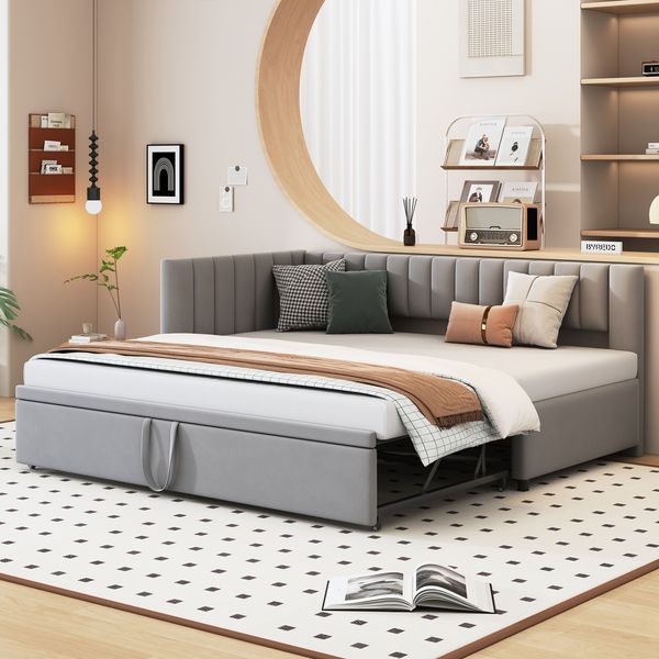 Schlafsofa, Samt mit Ausziehbett & Lattenrost, 90x200 cm, grau