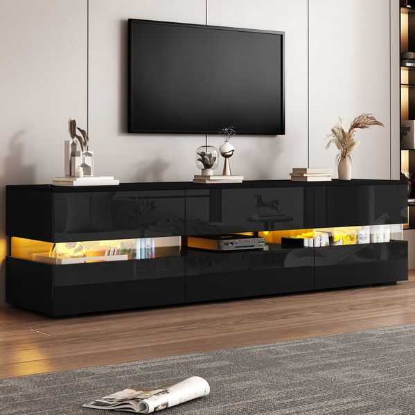 Moderner TV-Schrank 160x39x45 cm, Hochglanz Schwarz mit LED-Beleuchtung, 2 Türen & Schublade