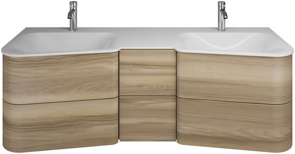 Burgbad BADU Waschbecken mit Unterschrank 152 cm breit, Braun, Doppelwaschbecken Gussmarmor Weiß, 6 Schubladen