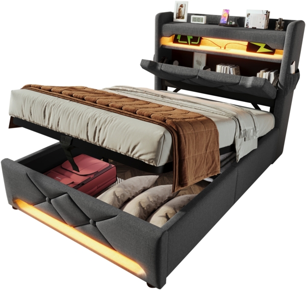 Polsterbett Betten mit Hydraulisch Stauraum, USB und Typ C-Port, LED-Funktion,Grau,90*200cm,ohne Matratze