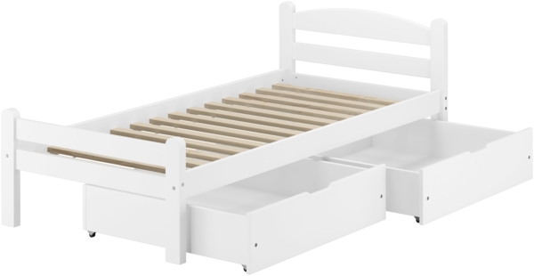 Weißes Einzelbett Buche massiv 90x200 Bettgestell und wählbare Ausstattung V-60.45-09WRollrost und Doppelbettkasten inkl.