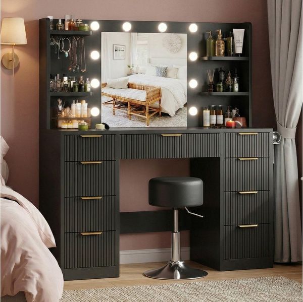 HOMALL Schminktisch Mit dreifarbiger LED-Beleuchtung, mit Spiegel, optional mit Hockern (Maße: 110 x 40 x 137 cm, mit 10 kugelförmigen Lampen, deren Helligkeit und Farbtemperatur einstellbar sind, sowie einer Schublade. Ausgestattet mit 1 USB-Anschluss...