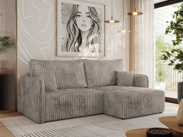 L-förmiges Ecksofa mit Armlehnen, für das Wohnzimmer, Schlaffunktion und Bettkästen, Wellenfeder am Sitz, losen Kissen - MESTO - Hellbraun Cord - rechte Seite