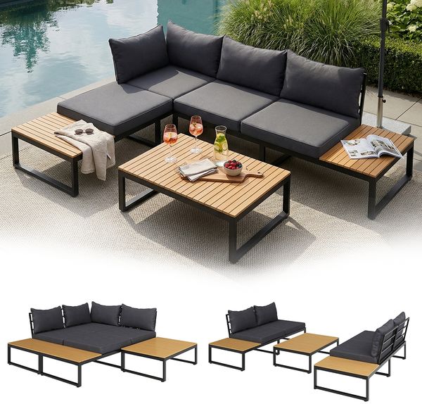STEELSØN 'Zandra' Gartenlounge Set, aus Aluminium und Akazienholz, schwarz/anthrazit, umbaubares Gartenmöbel Set mit Tisch