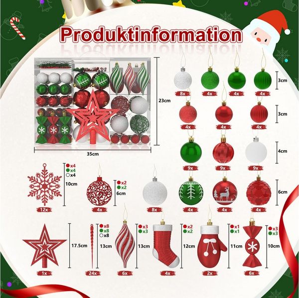 FIVMEN Weihnachtsbaumkugel Weihnachtskugeln Kunststoff 138 Stück mit Stern Spitze, Mehrere Farboptionen Christbaumschmuck