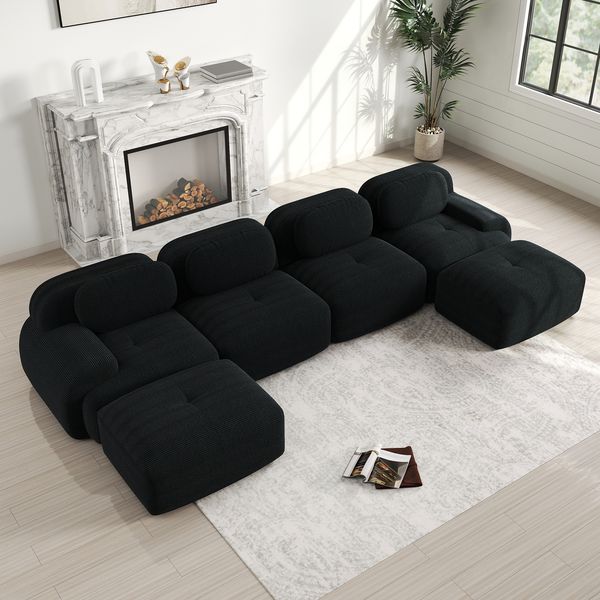Ecksofa Sitzfläche Black aus Cordstoff, rahmenlos mit 32D Kaltschaum und ergonomischen Armlehnen,388x178x75 cm