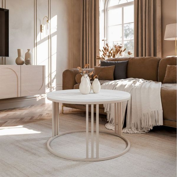 Lookway Couchtisch LORI MATT, runder Couchtisch mit kaschmirfarbenem Gestell (1x Tisch), Durchmesser: ⌀70 cm