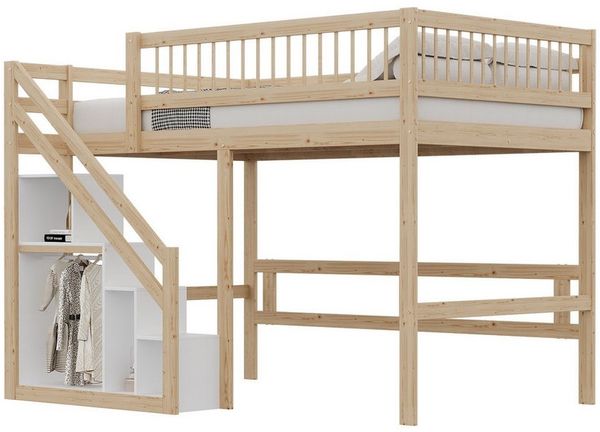 Flieks Hochbett Massivholz Einzelbett Kinderbett 90x200cm mit Stauraumtreppe