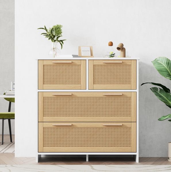 Kommode, 80x38x80 cm, weiße Kommode mit 4 Rattanschubladen, Massivholzgriffen & Kippsicherung