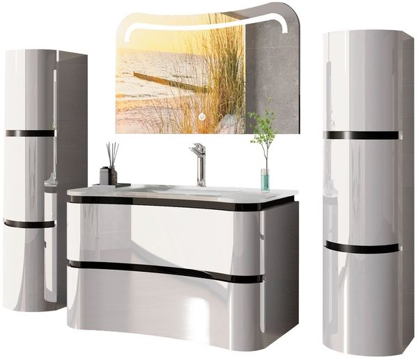 Homeline Badezimmer-Set Bad Möbelset Lady Schwarz oder Weiß Hochglanz 90 cm, (Badezimmer set, 5-St, 5 Teilig)