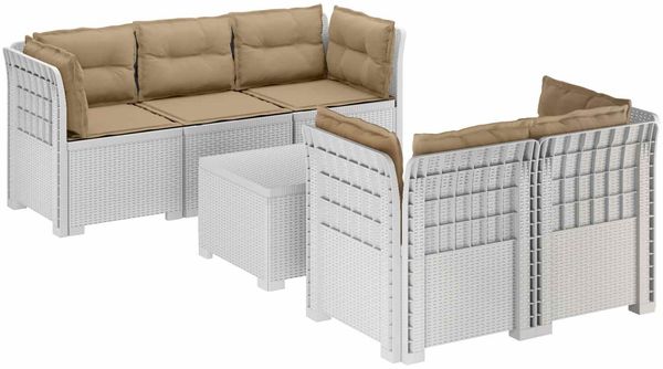 vidaXL 5-Sitzer Gartensofa mit Kissen Rattan-Look PP Weiß 3443916