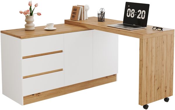 Flieks multifunktionaler Schreibtisch mit Rollen, drehbare Tischplatte, 2-in-1 Schreibtisch & Sideboard, mit 2 Türen & 3 Schubladen, 120 × 50 × 78 cm, Weiß/Eiche