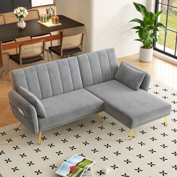 Ecksofa, Samt mit Schlaffunktion & verstellbarer Rückenlehne, 191,5 x 130,5 x 80 cm, Grau