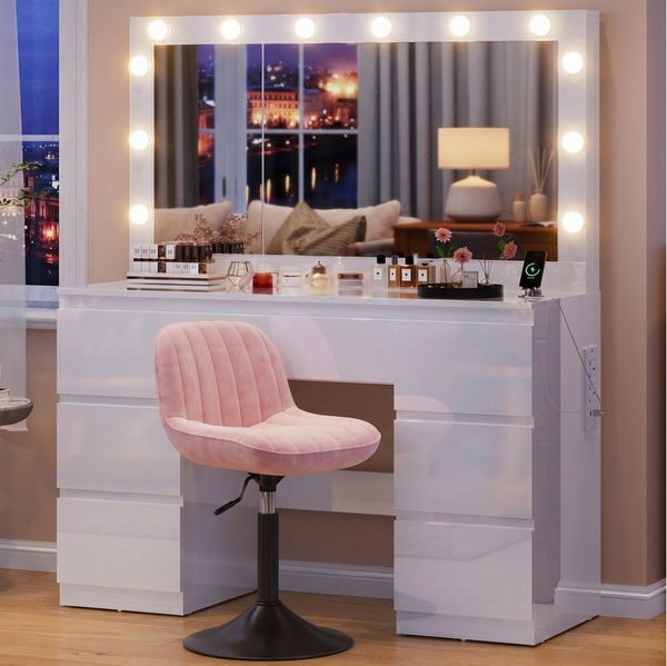 HOMALL Schminktisch Großer Schminktisch, Maße 115/120 x 40 x 140 cm, mit Schmuckschrank (LED-Beleuchtung und Steckdosen, 105 cm groBer Spiegel, mit 7 Schubladen, optional mit Hocker)