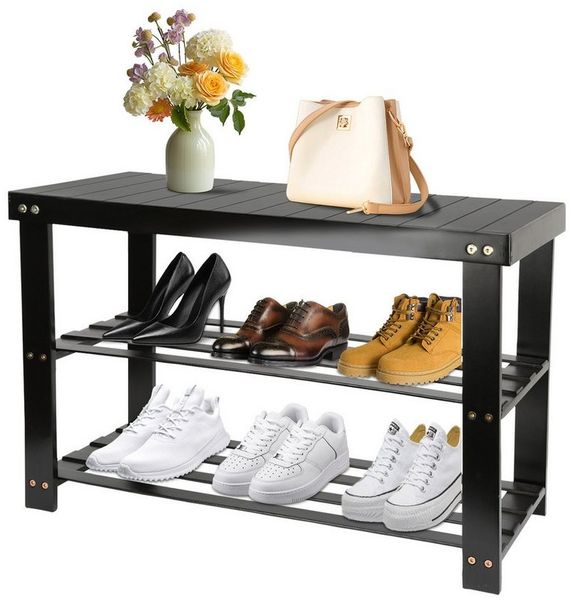 JEOBEST Schuhbank Schuhregal, Bambus Schuhbank mit 3 Ablagen, für 6-8 Paar Schuhe, Platzsparend 70 x 27 x 42 cm