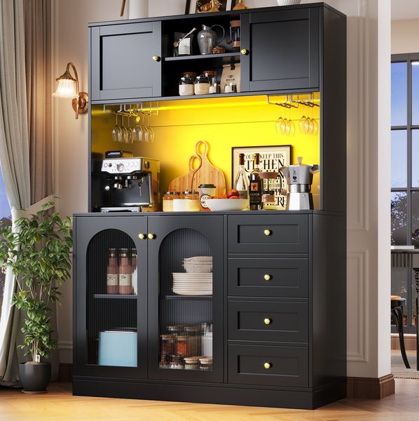 Buffetschrank 120 x 40 x 188 cm mit LED-Lichtleiste – Aufbewahrungsschrank aus MDF in Schwarz